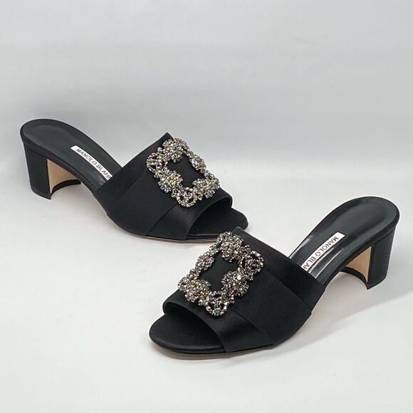 Manolo Blahnik Martanew 50MM Embellished Satin Mules size 37.5 - Picture 10 of 14